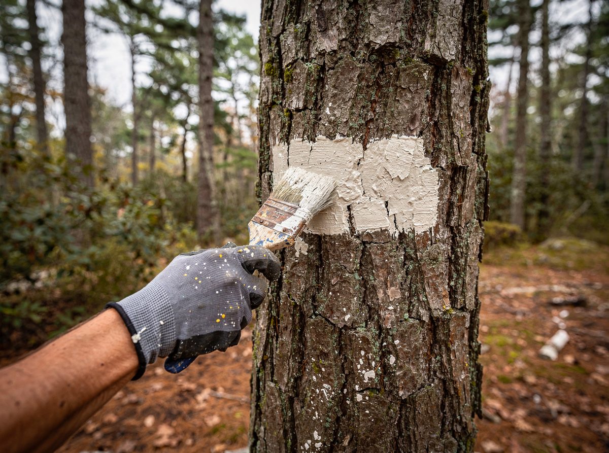 A worker's hand applies a rectangular paint blaze mark to a tree trunk with a brush