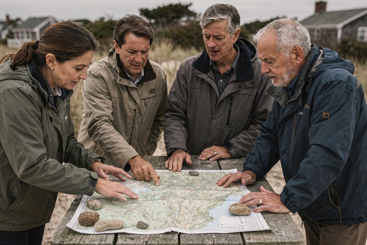 Four people stand around an outdoor table studying an open topographic map