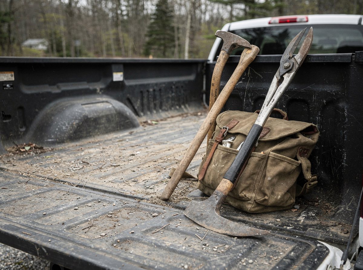 A mattock, a rock bar, and loppers lean against the side of a pickup truck bed at a trailhead